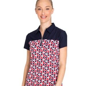 Sport Haley Golf Polo Shirt Geometric Pattern Quarter Zip Navy Red White medium